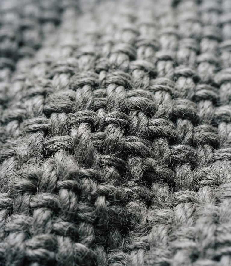 Macro detail shot of heavy-gauge desaturated grey cotton fabric weave under high-contrast studio lighting, sharp dark shadows, 35mm