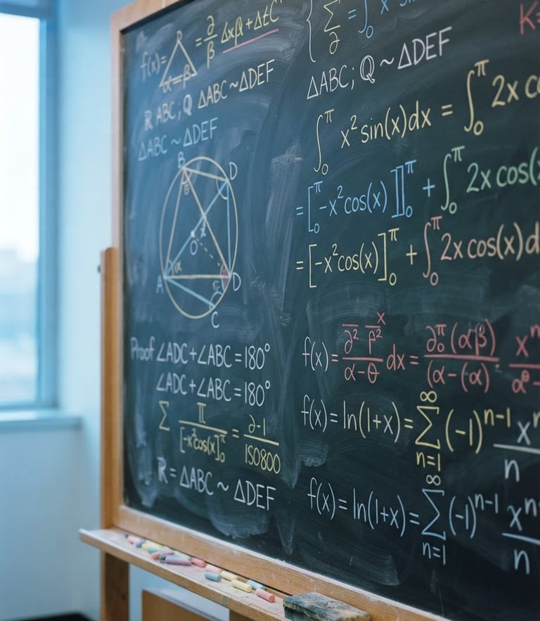 A close-up of handwritten geometric proofs and elegant calculus equations on a clean physical blackboard, bright natural classroom light, cool blue undertones, sharp focus, 35mm