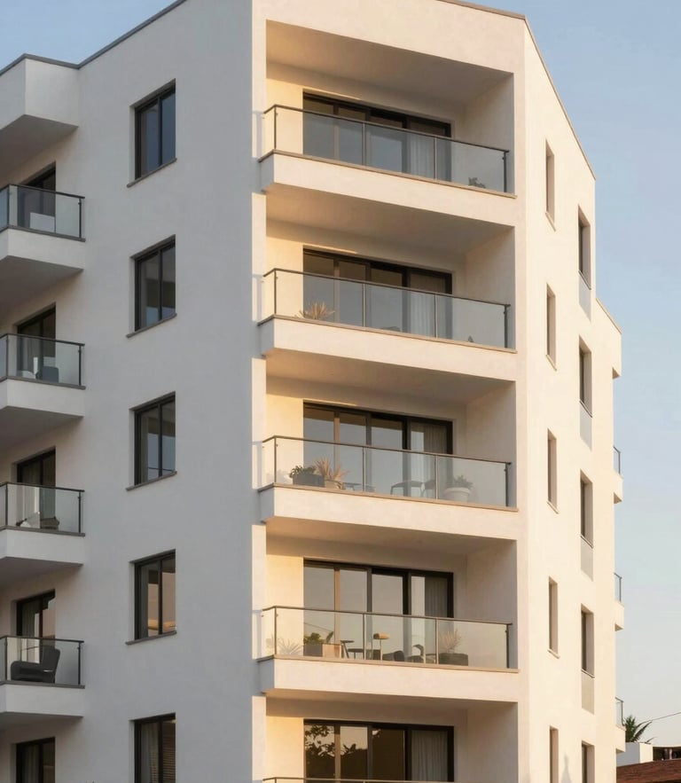 Bright modern Monterrey residential apartment building facade, clean architectural lines, warm natural golden hour light, 35mm lens