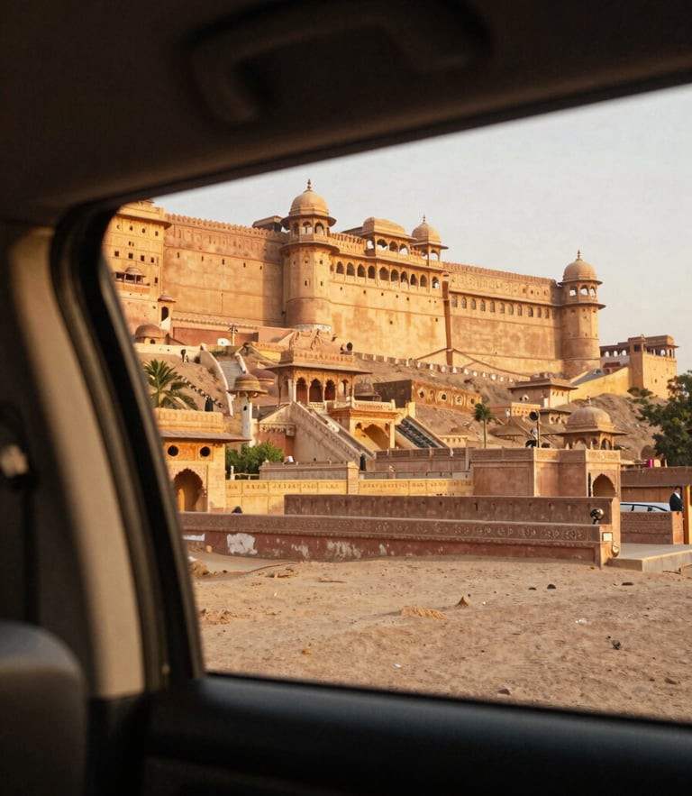 Over-the-shoulder perspective from the back seat of a luxury SUV, looking out at a towering Rajasthani fort bathed in warm golden hour haze, 35mm film.