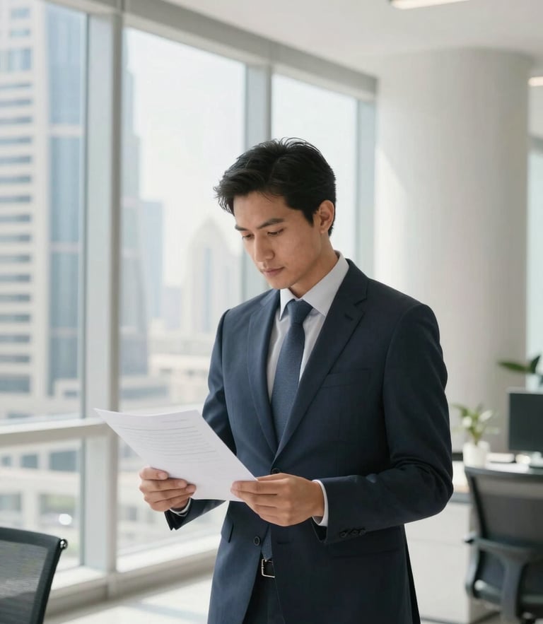 A professional candidate in business-casual attire reviewing papers in a bright, modern Dubai office interior, soft window light, clean corporate tones