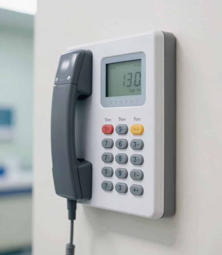 Close-up of a modern nurse call wall console mounted on a clean clinic wall, bright natural indoor lighting, high-contrast technical details, sharp focus, realistic colors, 35mm