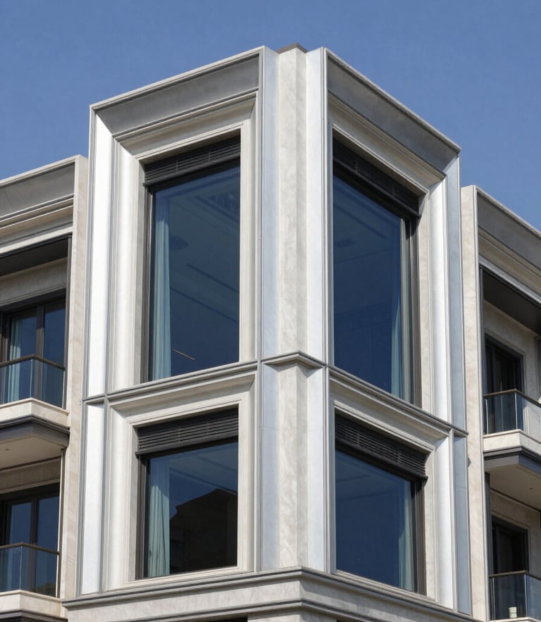 Architectural photography of a completed luxury villa facade in Dubai, crisp daylight, sharp geometric lines, metallic silver details, editorial 35mm