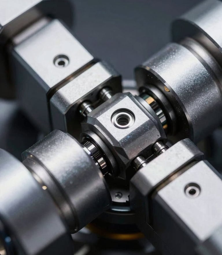 Extreme close-up of high-precision mechatronic linkage under cool clinical high-contrast studio lighting, metallic textures and micron-level tolerances visible.