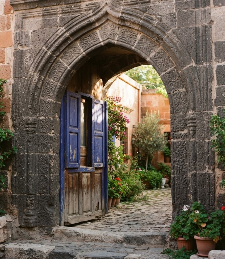 Warm editorial photo of a historic stone mansion archway in Gaziantep, soft morning sun filtering through, showing hand-carved basalt textures and a glimpse of a blue shutter, 35mm.