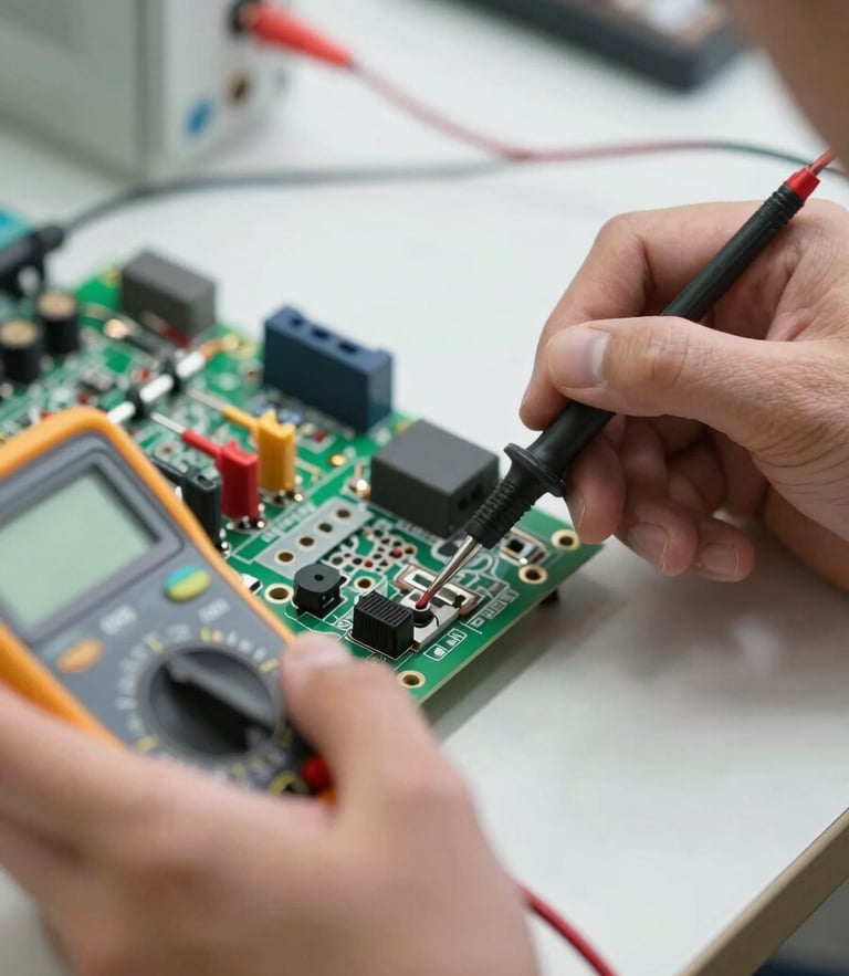 Macro close-up of a technician hands using a digital multimeter to measure voltage on an appliance circuit board, bright clean workshop lighting, technical precision