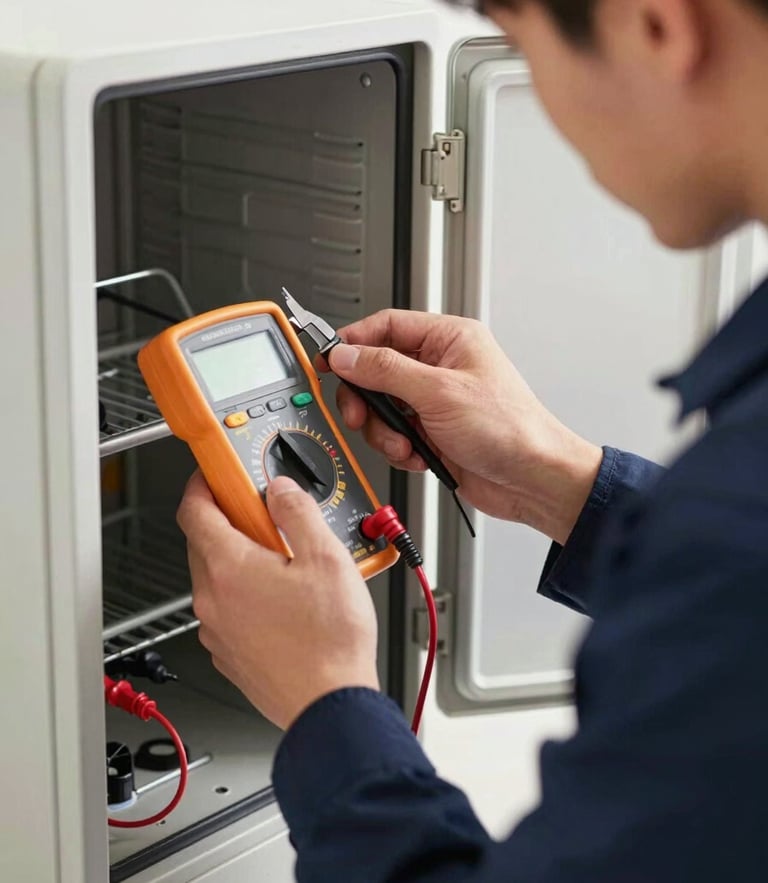 A professional technician in a clean navy uniform calibrating a digital multimeter on a residential appliance, bright daylight, close-up crop.