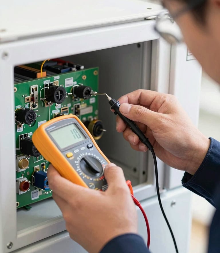 Macro close-up of a certified technician in a clean navy uniform using a digital multimeter to test voltage on a refrigerator control board, bright white workshop lighting.