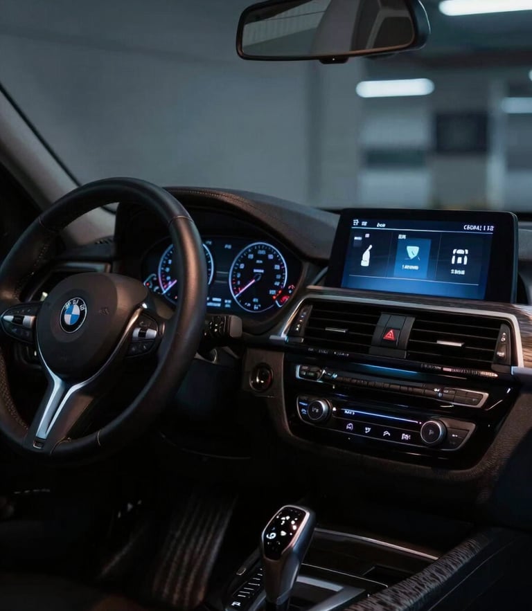 Premium automotive photography of a glowing touchscreen running wireless Apple CarPlay in a dark BMW F30 dashboard, sharp focus on the digital screen, moody cabin interior lighting, 35mm