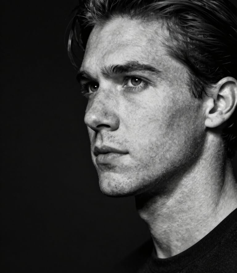 Stark, high-contrast black and white portrait of a person in motion blur, harsh direct flash, dark negative space on the left, raw skin texture, isolating composition.