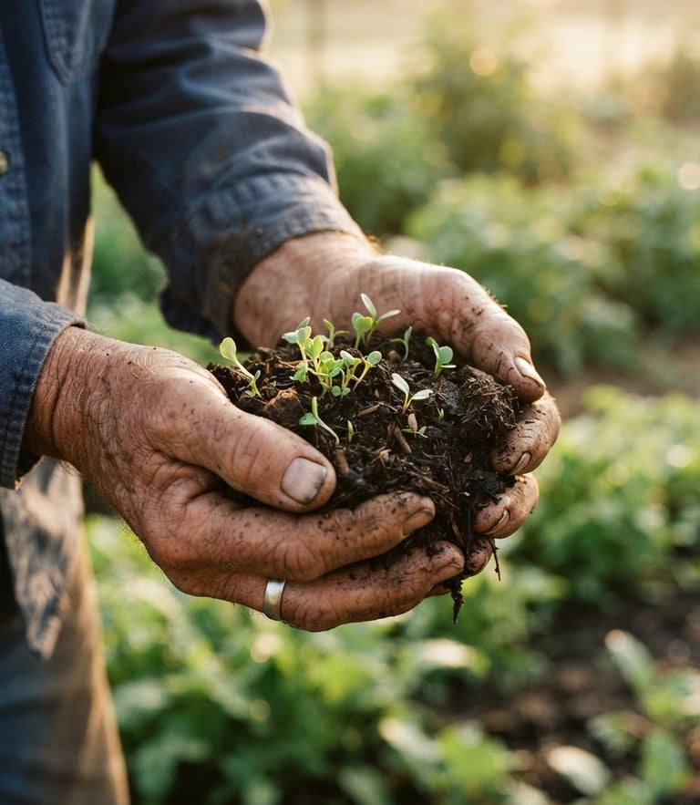 Close-up of an elderly farmer's hands holding rich dark soil with small green sprouts, warm golden-hour morning light, tactile textures, 35mm film grain