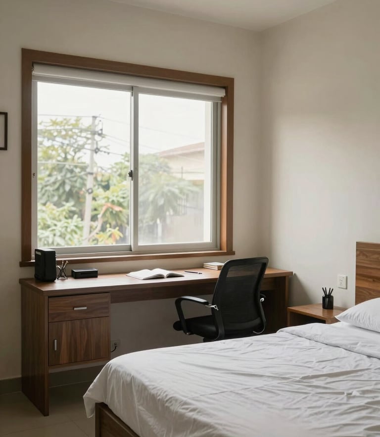 Bright natural daylight interior of a clean PG room in Bengaluru, study desk by the window, neatly made bed, realistic wide-angle photo.