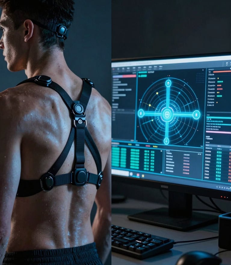 A split-screen composition. On the left, a high-contrast close-up of an athlete wearing biometric sensors under cool blue studio light. On the right, a glowing tactical monitor displaying data streams and security encryption vectors.