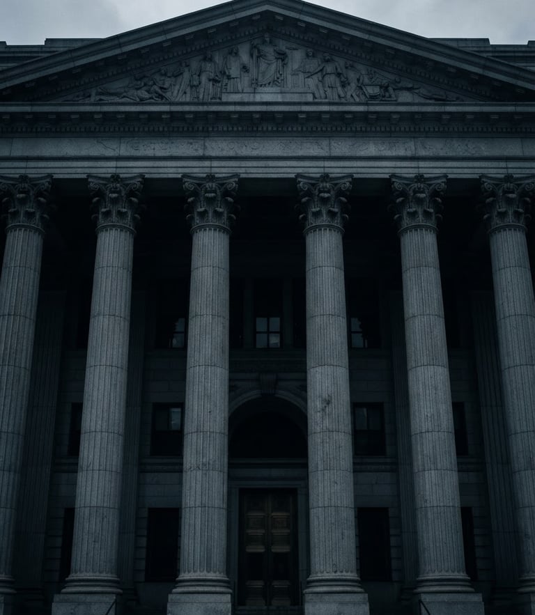 Architectural detail of the New York County Supreme Court building facade, strong columns, overcast daylight, desaturated cool tones.