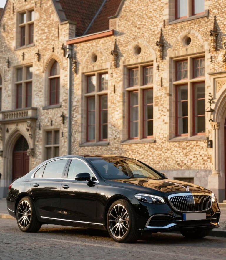 Medium shot of a luxury black sedan parked near the historic architecture of Brugge, warm golden hour light, shallow depth of field
