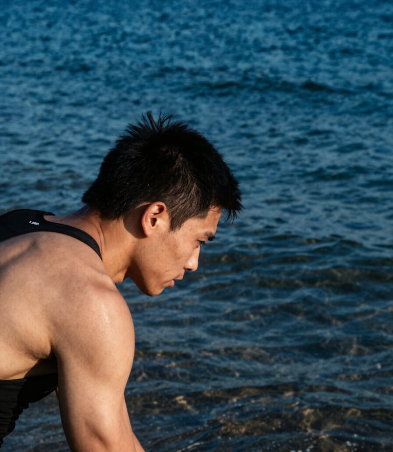 Close-up of a focused athlete preparing on the shore, sharp morning daylight, deep ocean blues, 35mm sports photography