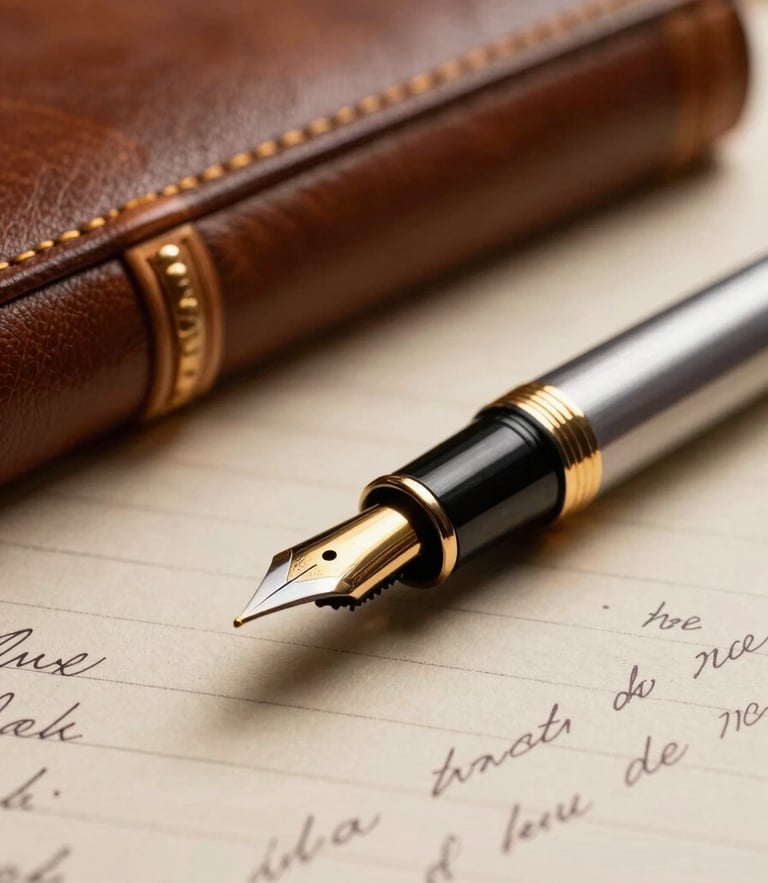 Macro shot of a classic fountain pen resting on a handwritten legal brief, warm golden side-lighting, deep shadows, leather-bound volumes softly blurred in the background.