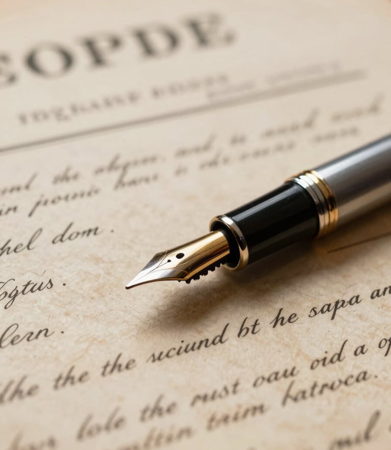 Macro close-up shot of vintage property deeds and a classic fountain pen resting on textured legal paper, dramatic side-lighting with warm golden undertones, shallow depth of field.