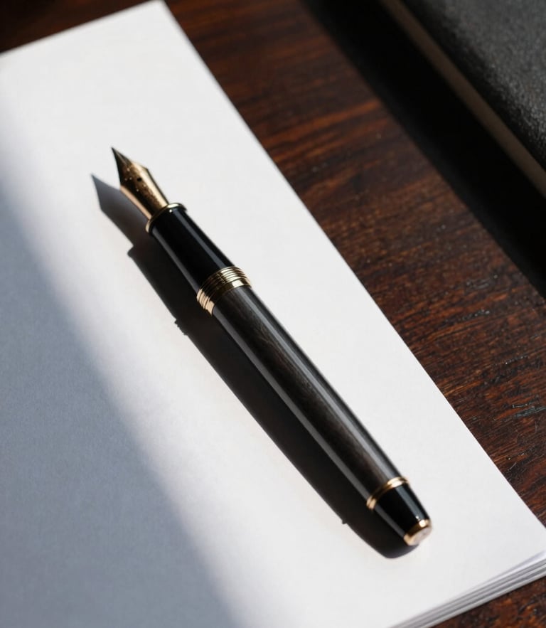 Close-up of a high-end fountain pen resting on a heavy paper document on a dark mahogany desk, dramatic natural light from the left casting deep geometric shadows.