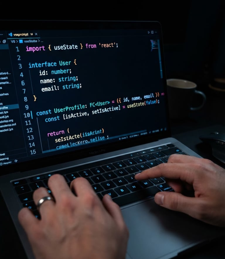 Sleek dark-mode technology photography, close-up of a high-contrast code editor on a dark screen, subtle neon blue highlights on the keyboard, sharp focus on lines of clean code, 35mm lens