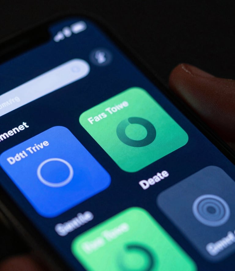 Extreme close-up macro shot of a mobile screen showing fluid UI animations, vibrant electric blue and cyber green neon glows reflecting on a hand, dark ambient studio lighting, 35mm lens