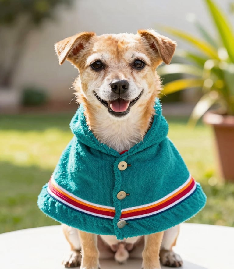 A happy small dog wearing a vibrant custom-tailored Mexican teal poncho, looking directly at the camera, warm sunny garden background, 50mm lens