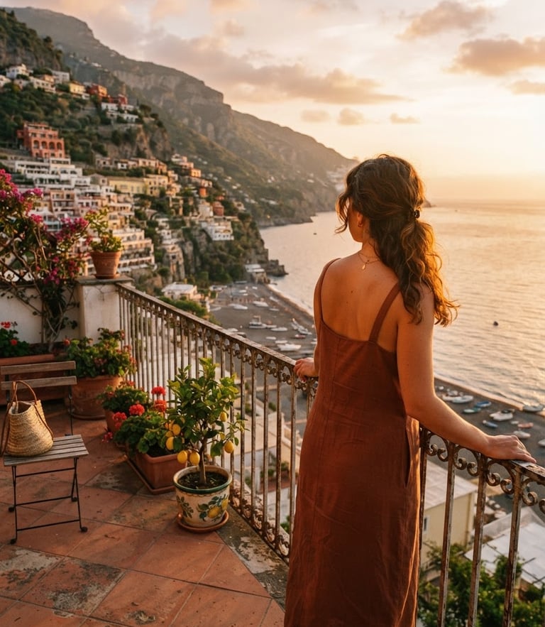 A traveler looking out over a sun-drenched terracotta balcony in Italy during golden hour, warm editorial travel photography, rich sun-drenched tones, cinematic depth of field, 35mm film