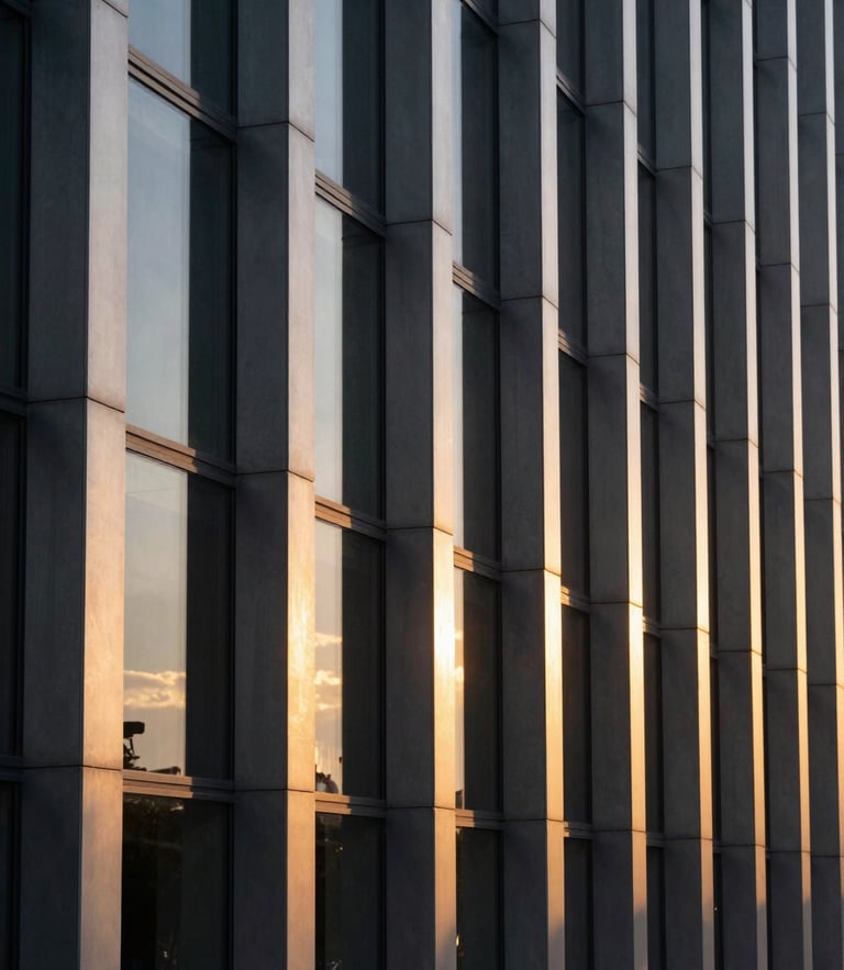 A dramatic, high-contrast architectural photograph of modern steel and glass columns reflecting a deep golden-hour sky. Sharp highlights, deep shadows, clean geometric lines.