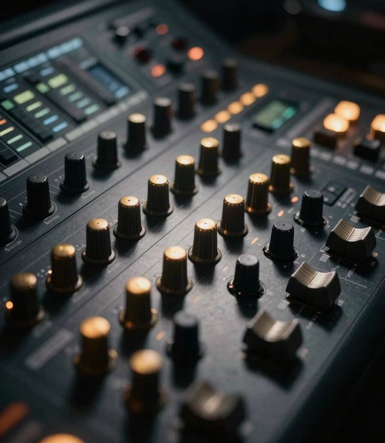 Macro shot of a high-end color grading console with backlit gold dials, low-key dramatic studio lighting, deep shadows, cinematic film photography