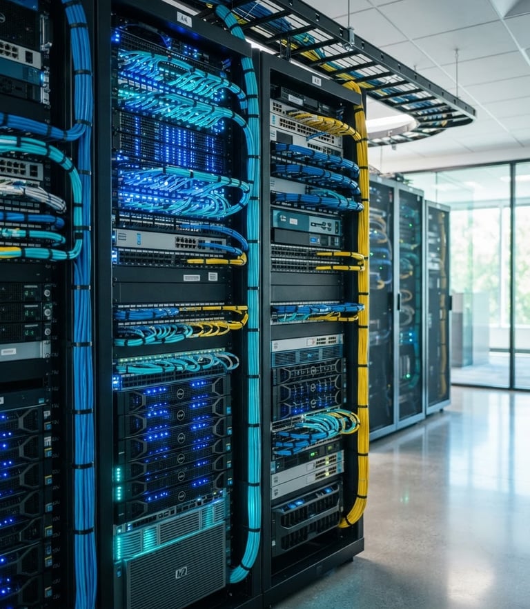 Clean modern server racks with tidy cabling in a bright professional workspace, crisp studio lighting, cyan ambient glows, sharp focus, 35mm
