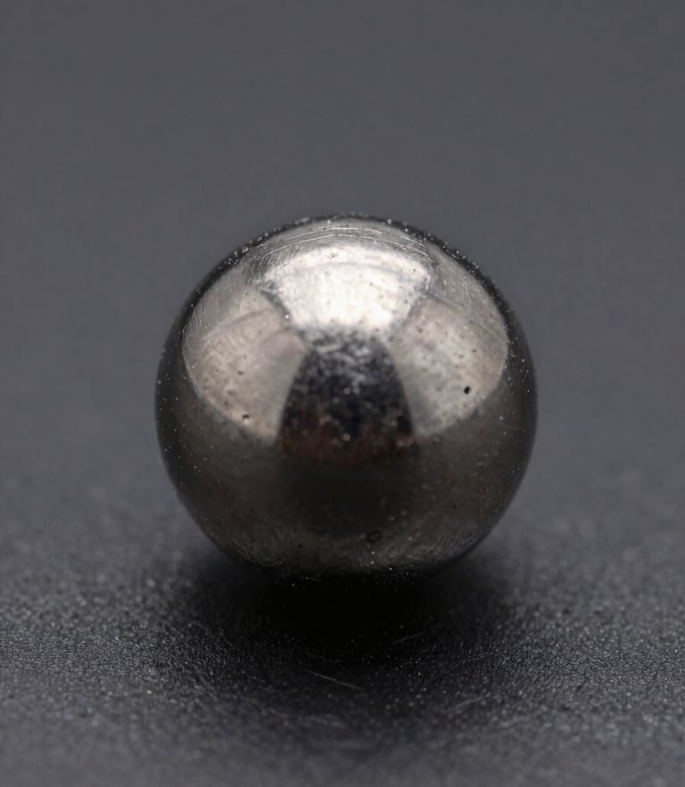 Macro close-up of a clean steel ball joint on a dark metallic surface, sharp industrial lighting, high contrast