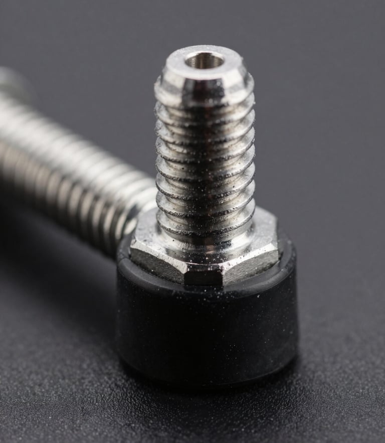 Macro close-up of a high-precision metal tie rod end with clean steel threads and black rubber boot, sharp industrial studio lighting, dark gray background, high contrast