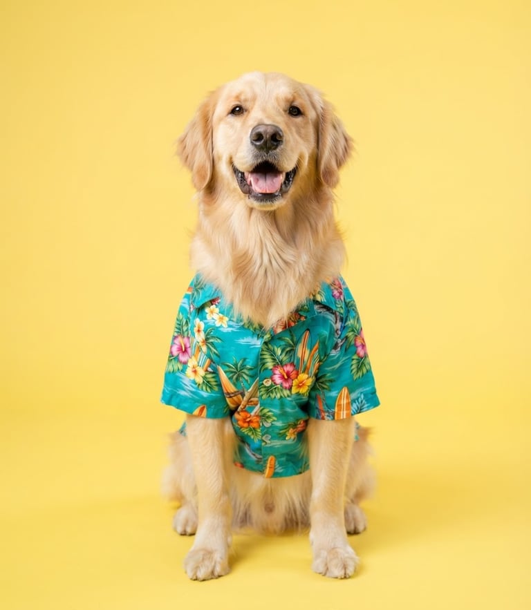 A happy golden retriever sitting proudly wearing a vibrant teal hawaiian shirt, bright high-key pet photography, soft natural studio light, yellow backdrop, shallow depth of field, 50mm lens.