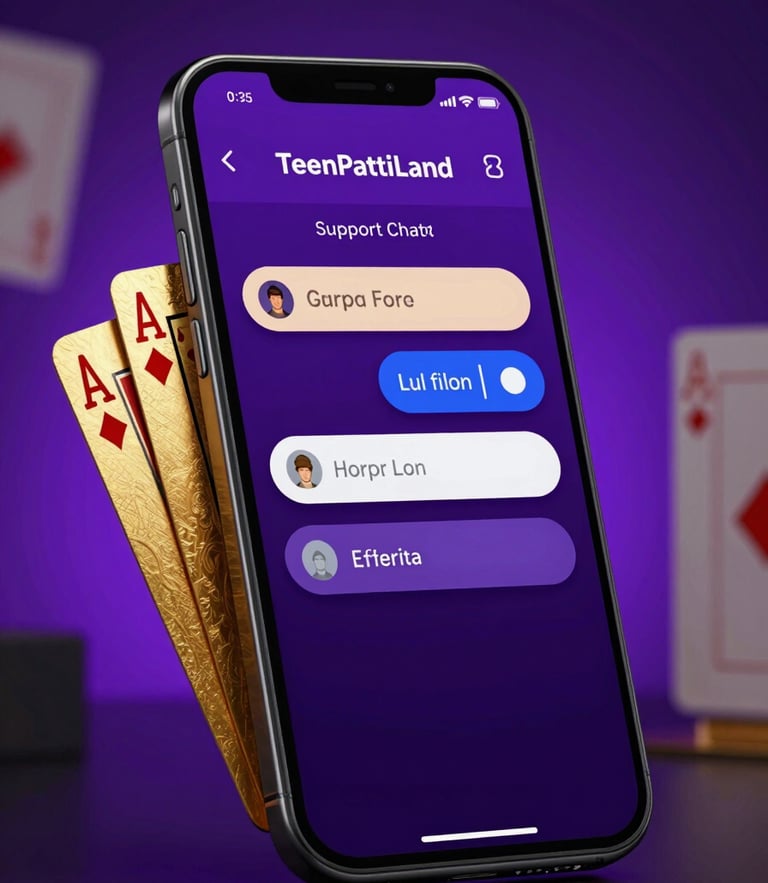 Sleek mobile phone mockup displaying the TeenPattiLand support chat interface, premium gold-trimmed playing cards on the side, dramatic low-key studio lighting with vibrant purple backlighting and reflective gold highlights, macro depth of field