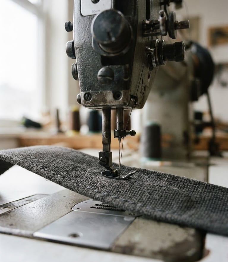 Close-up shot of heavy-duty industrial sewing machine stitching a charcoal canvas strap, soft diffused natural light, textile textures focused