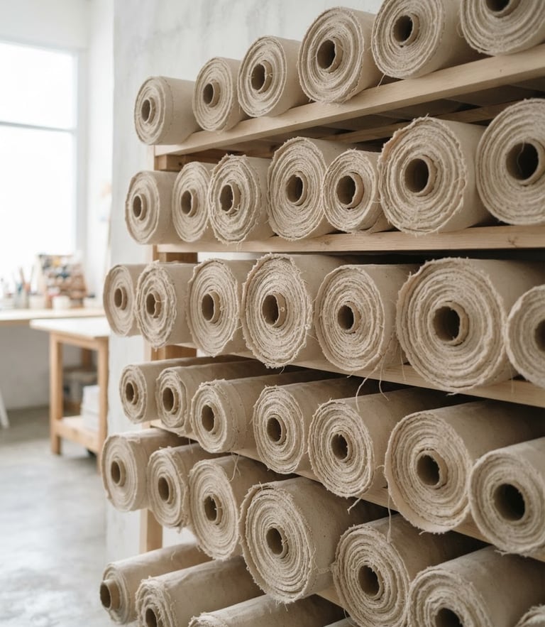 Minimalist raw canvas rolls stacked neatly in a bright, clean Jakarta workshop, soft natural daylight, 50mm lens