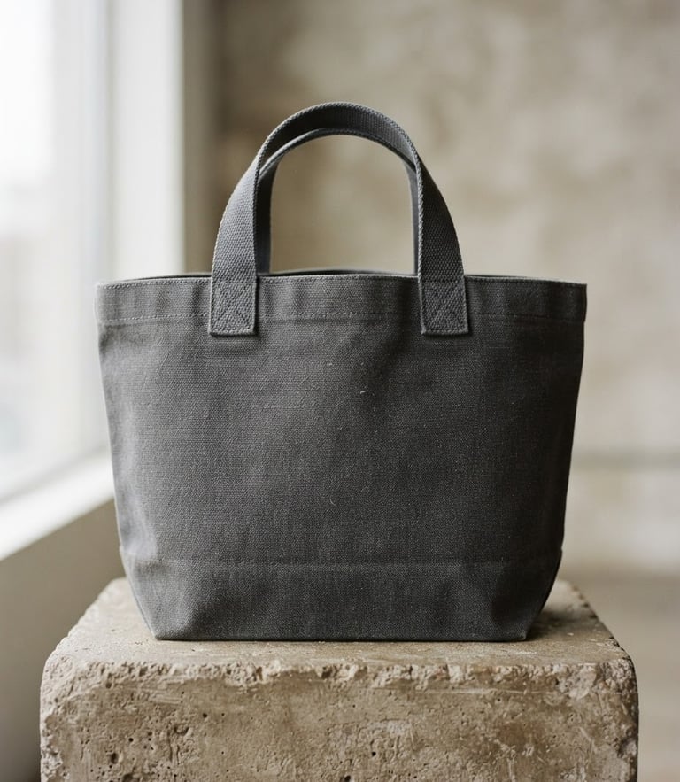 A single structured dark gray canvas tote bag sitting upright on a warm gray concrete block, 50mm lens