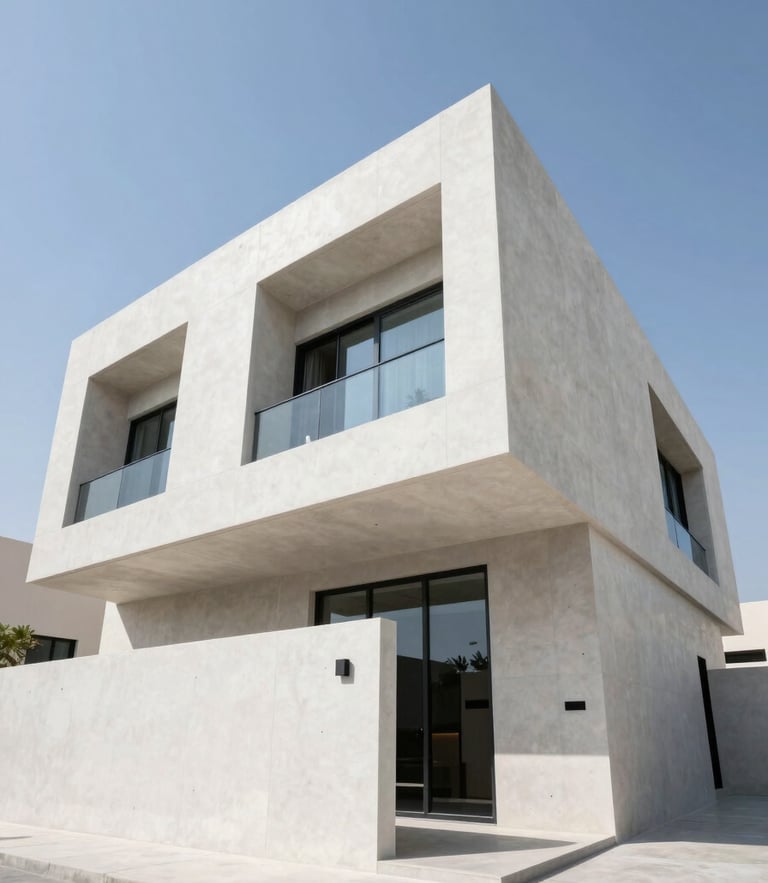 Low-angle architectural photography of a modern luxury villa exterior in Abu Dhabi, sharp daylight, clean concrete lines, high-contrast shadows.