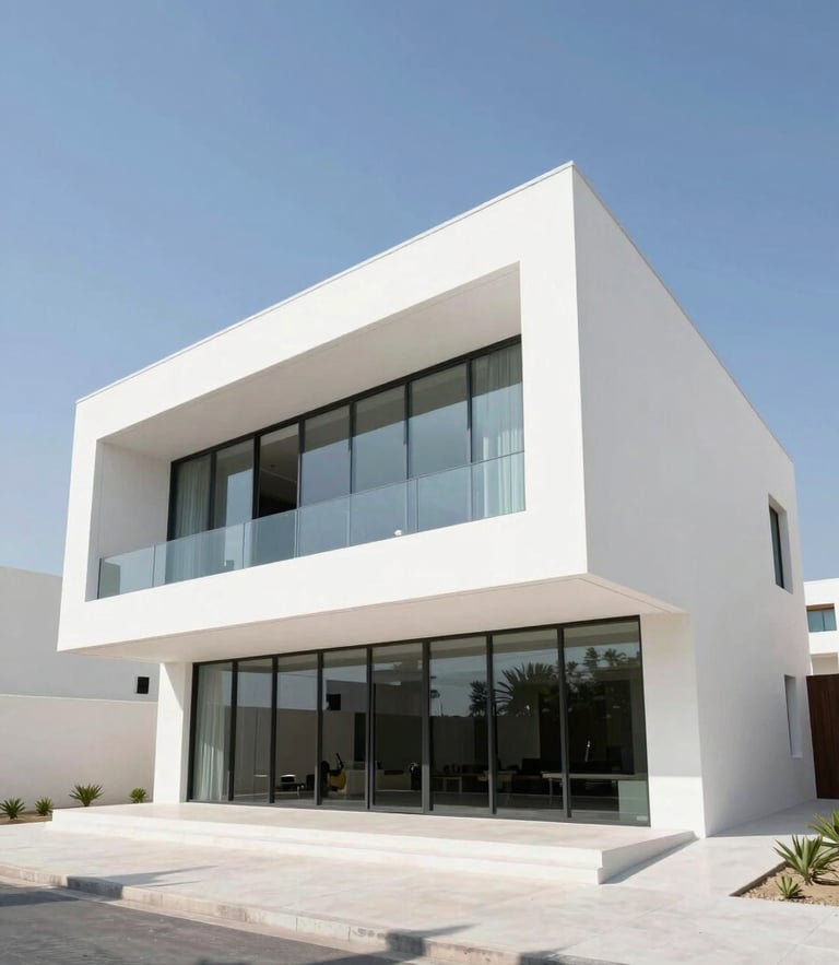 Low-angle heroic exterior shot of a modern minimalist luxury villa in Abu Dhabi, bright daylight, sharp architectural shadows, pristine white concrete and glass facade