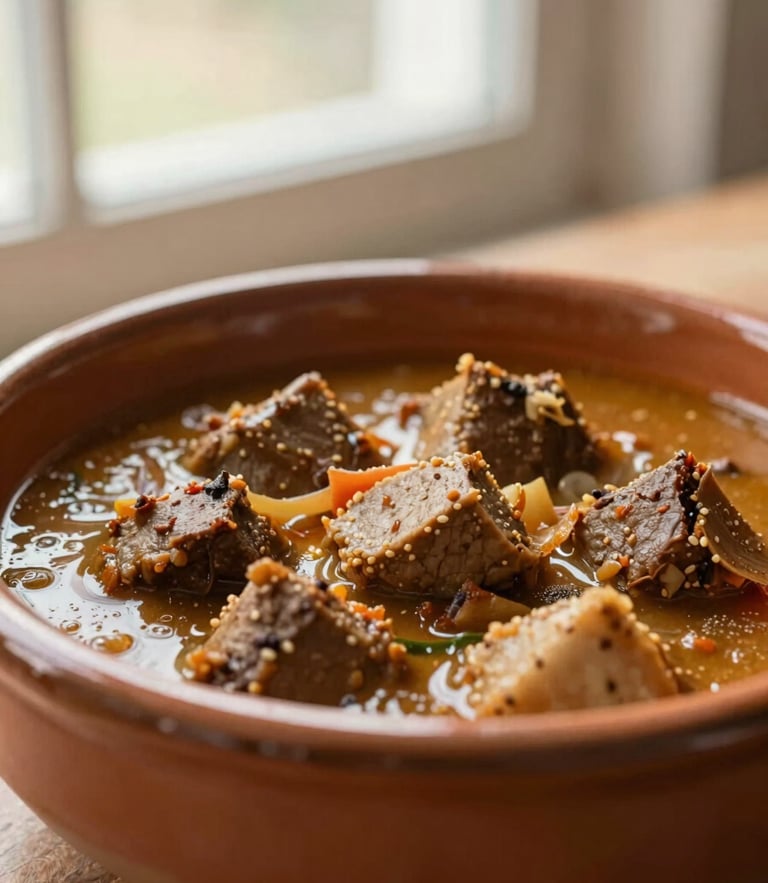 Warm editorial food photography of a traditional Castilian stew in a ceramic bowl, soft natural window light, rich earthy tones, shallow depth of field, 50mm