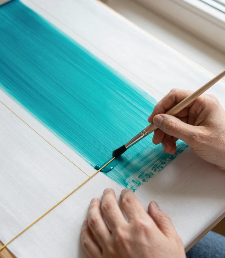 Overhead shot of hands holding a fine paintbrush, guiding vibrant teal dye along a golden resist line on stretched white silk, bright natural window light, 35mm