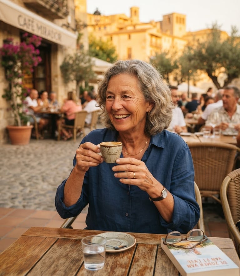 Warm editorial photography of a Dutch-speaking senior woman drinking coffee on a sunny terrace in Spain, soft golden-hour light, 35mm