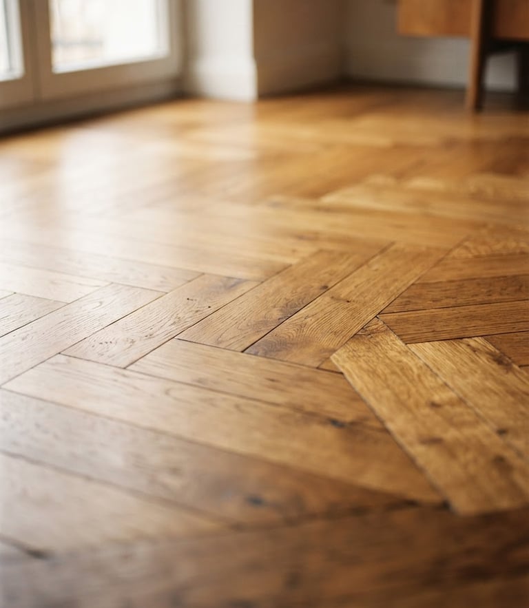 Low-angle shot of a beautifully restored warm oak parquet floor, soft natural side-light from a window highlighting the wood grain texture, shallow depth of field, 35mm