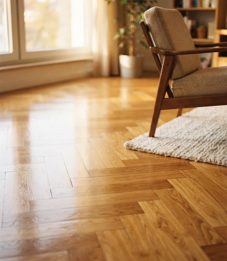 Warm editorial photography of a beautifully finished residential parquet floor reflecting soft afternoon light from a window, shallow depth of field, 35mm