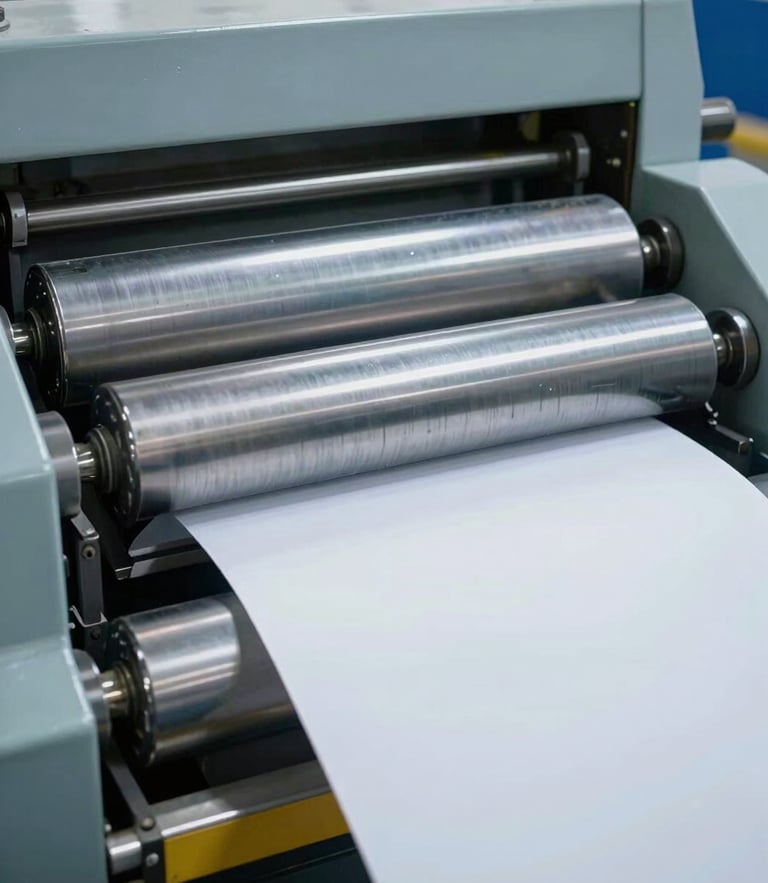 Sharp close-up of heavy machinery steel rollers feeding raw paper material into a high-speed cup forming machine, bright cool-toned workshop lighting, deep depth of field