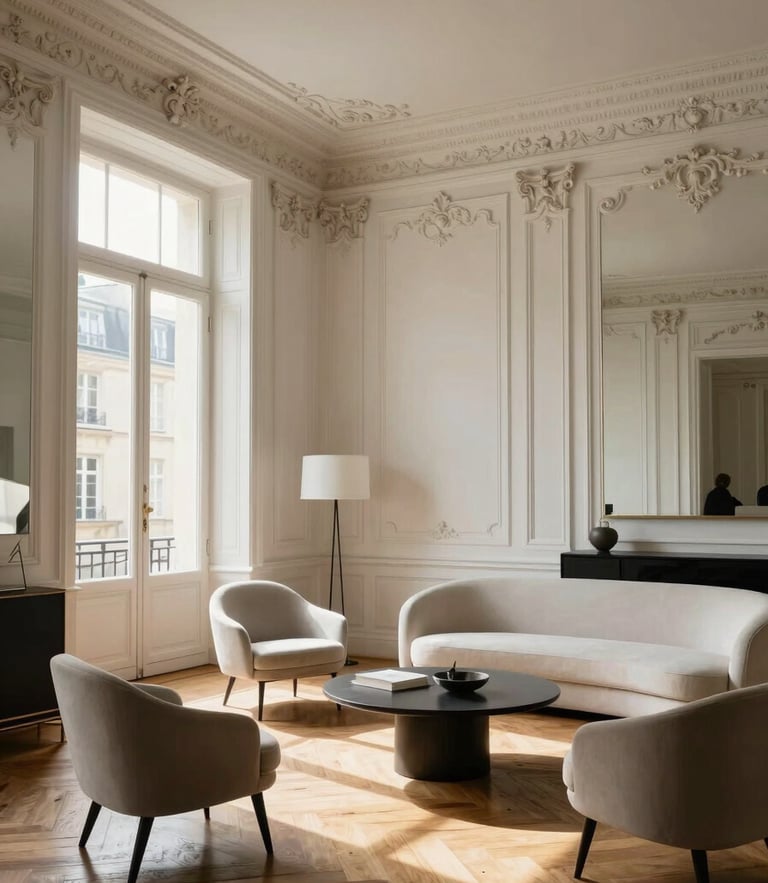 Soft natural light flooding a Haussmannian salon in Paris, high ceilings, intricate white wall moldings, herringbone oak parquet, minimalist modern furniture, elegant atmosphere.