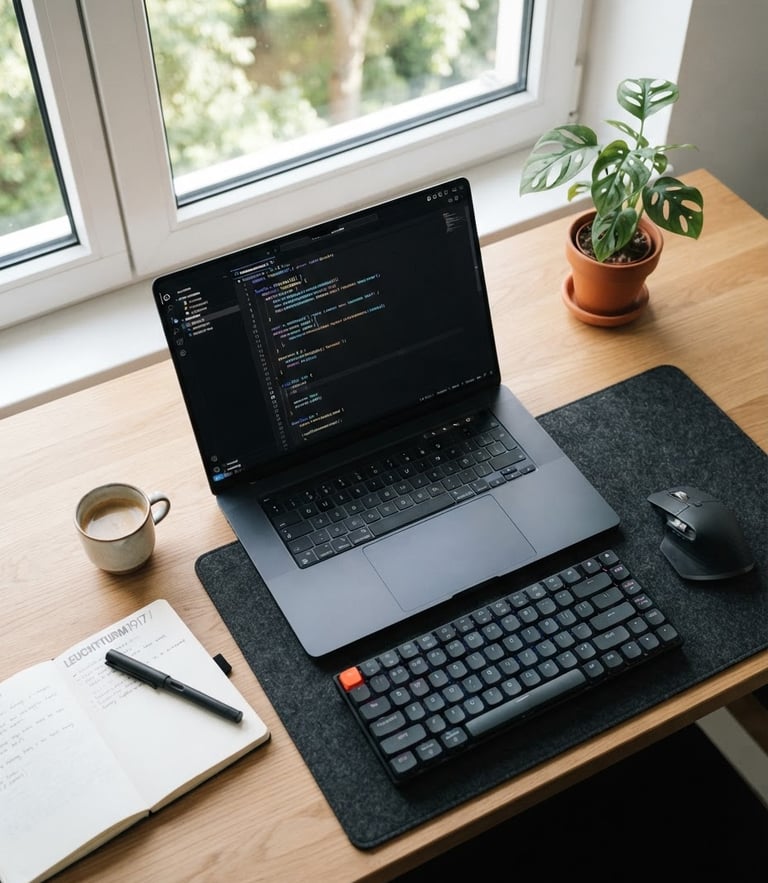Overhead crisp modern workspace with a clean laptop displaying code editor, bright natural window light, professional and focused, 35mm lens