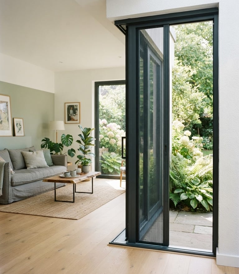 Bright architectural living room with open patio doors looking out to a green garden, a premium pleated insect screen smoothly integrated into the dark aluminum frame, soft daylight, 35mm