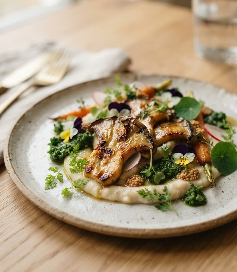 Editorial food photography of artfully plated vegan dish, minimalist table setting, soft natural daylight, muted earthy greens, macro lens, shallow depth of field