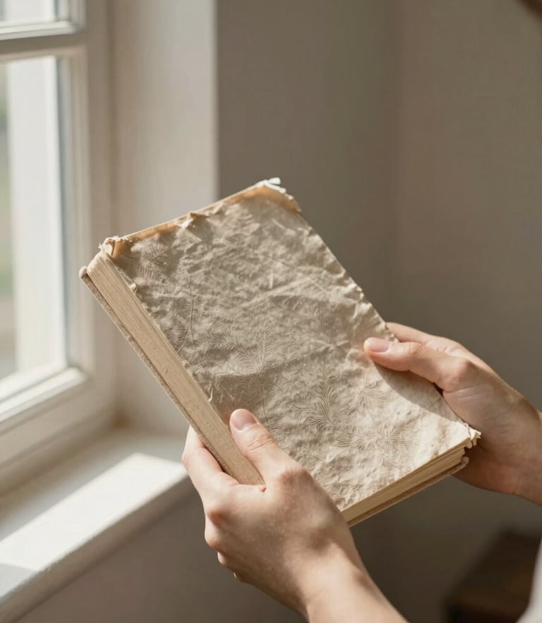 A close-up of hands holding a worn linen book in soft morning window light, warm shadows on a plaster wall